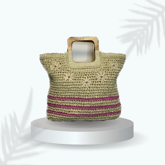 Sac en paille à fleurs rose